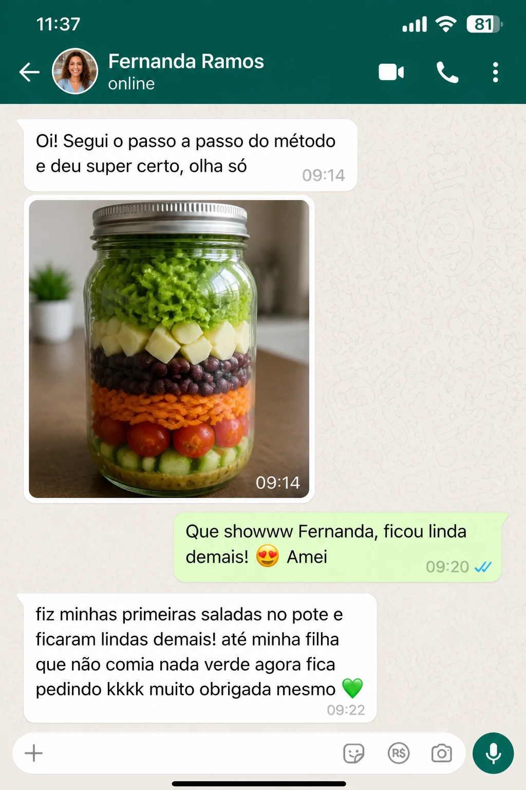 Depoimento 1 de leitora sobre as saladas no pote