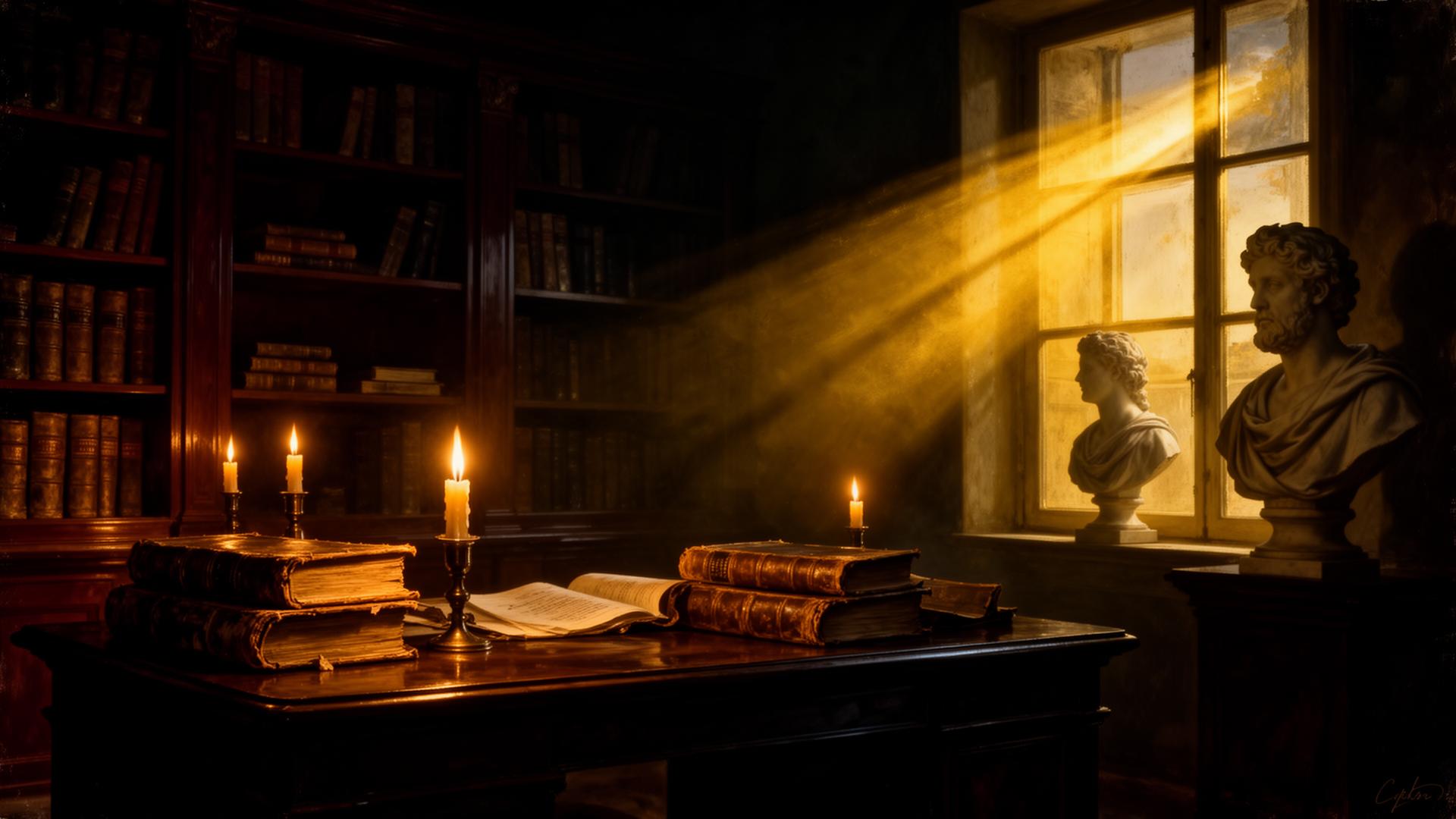 Biblioteca clássica iluminada por velas