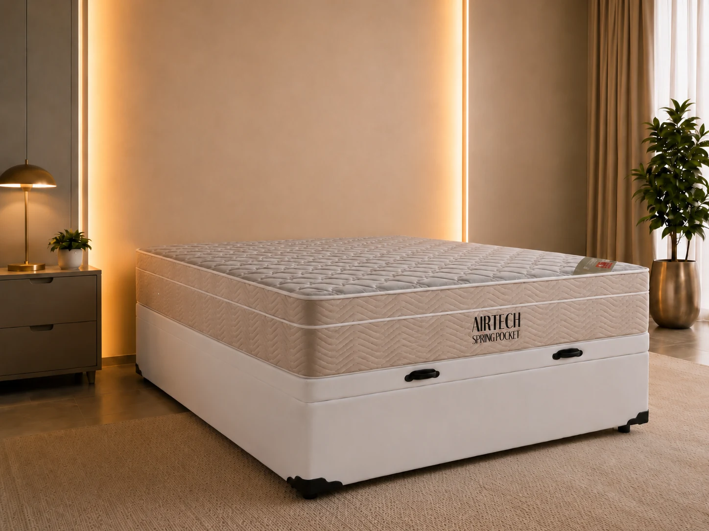 Cama baú casal Ortobom em quarto premium