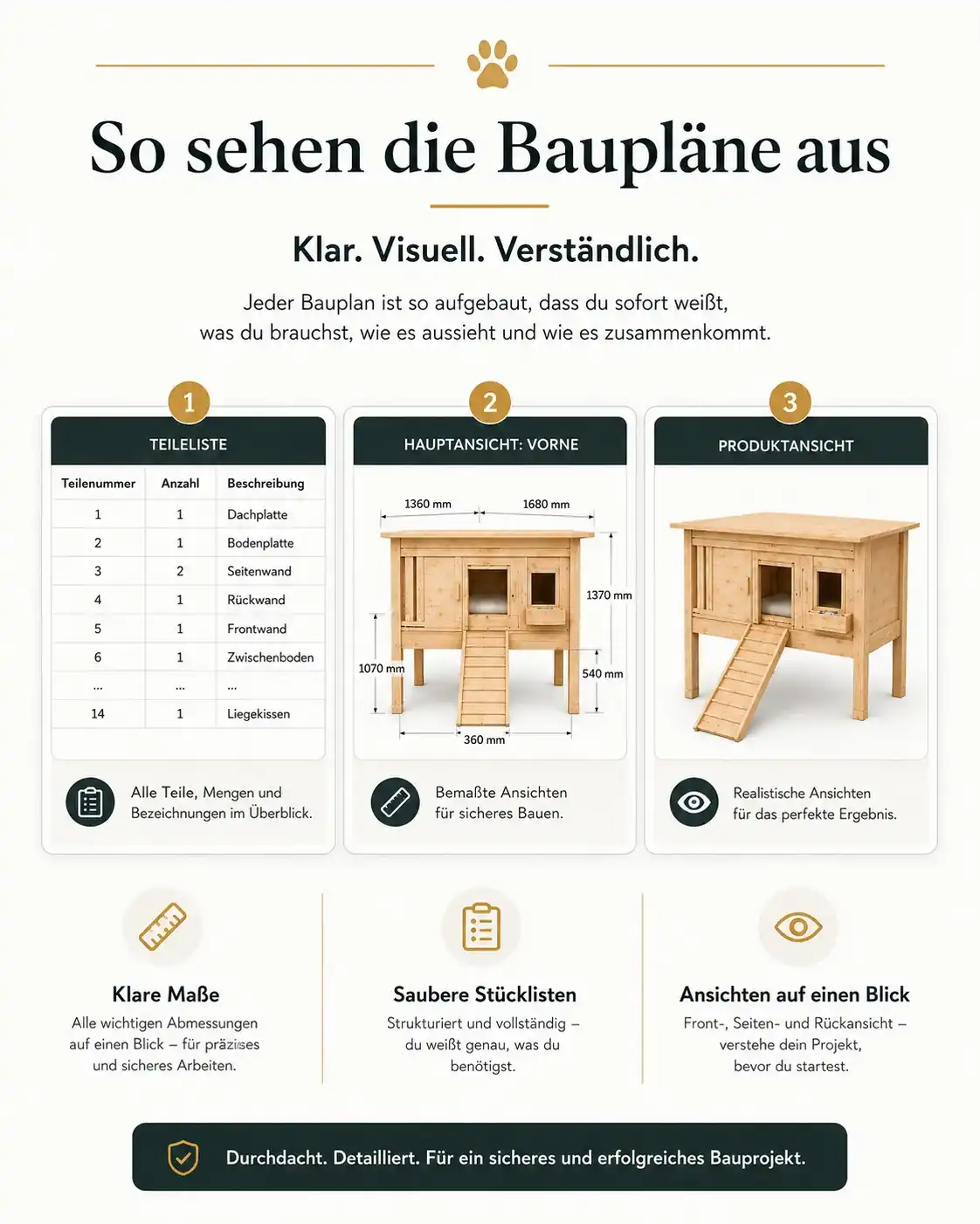 Beispiel Bauplan — Teileliste, Maße, Produktansicht