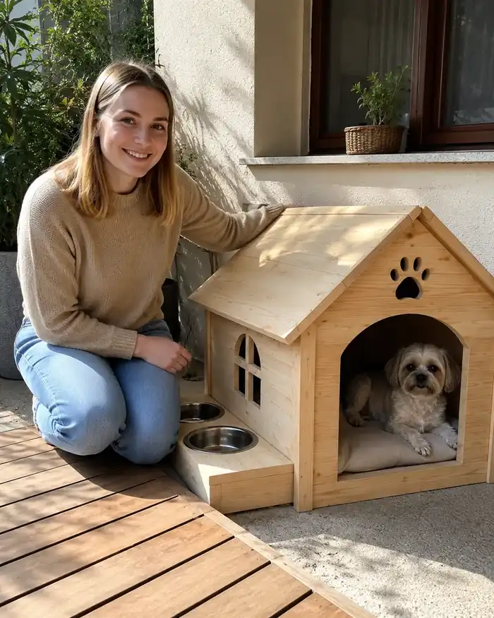 Anna M. aus Österreich mit Hundehaus mit Futterstation