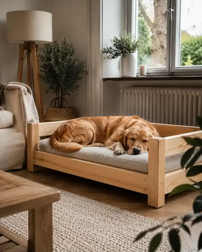 Laura S. aus der Schweiz — Hund schläft in selbst gebautem Hundebett