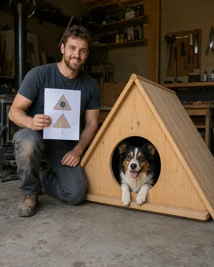 Lukas F. aus Nordrhein-Westfalen in der Werkstatt mit Bauplan und fertigem Hundehaus