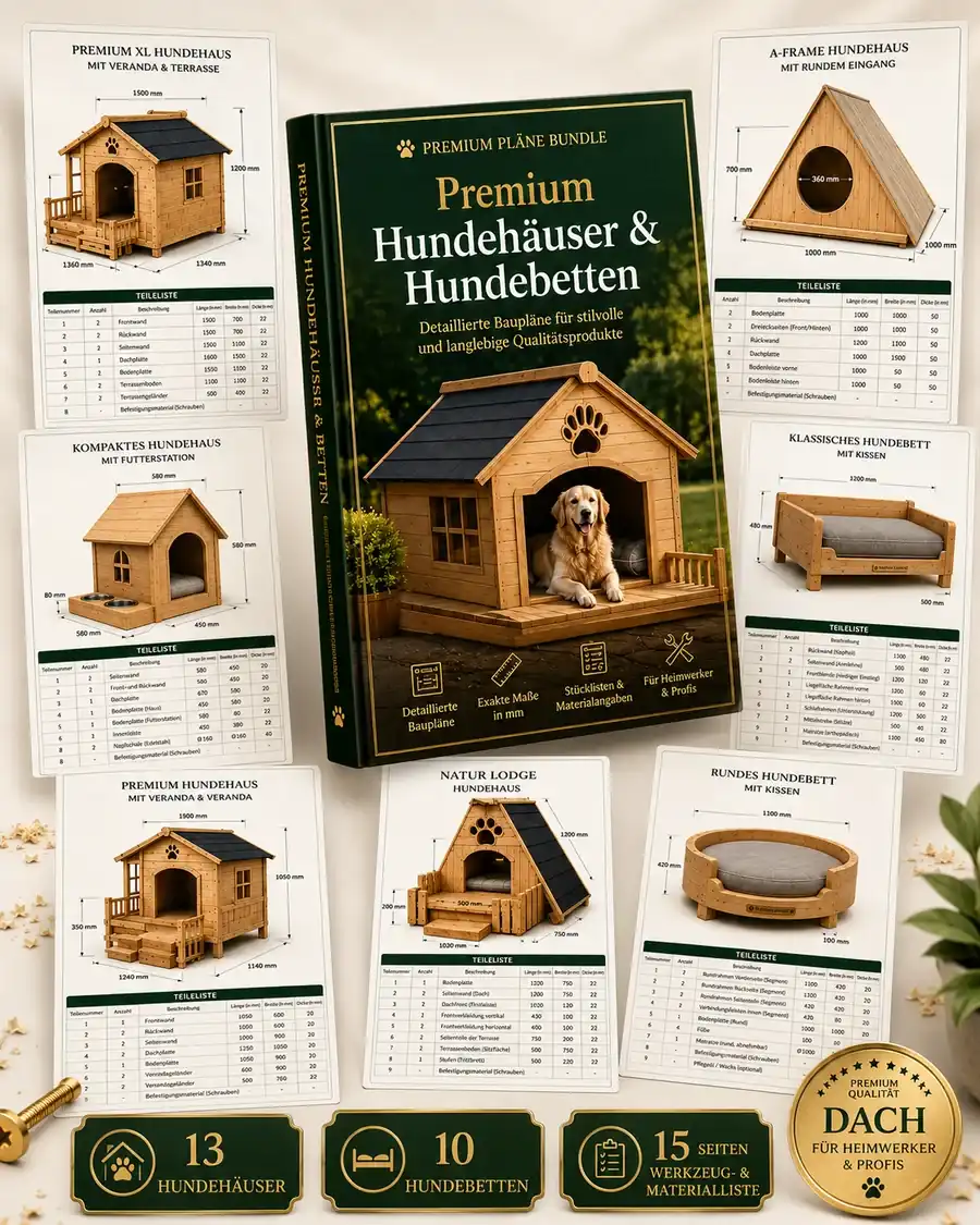 Premium Bauplan Bundle — 13 Hundehäuser, 10 Hundebetten, Materialguide