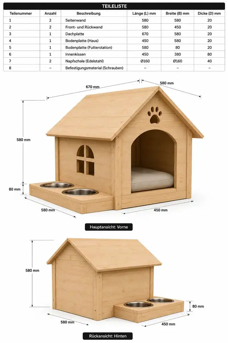 Kompaktes Hundehaus mit Futterstation
