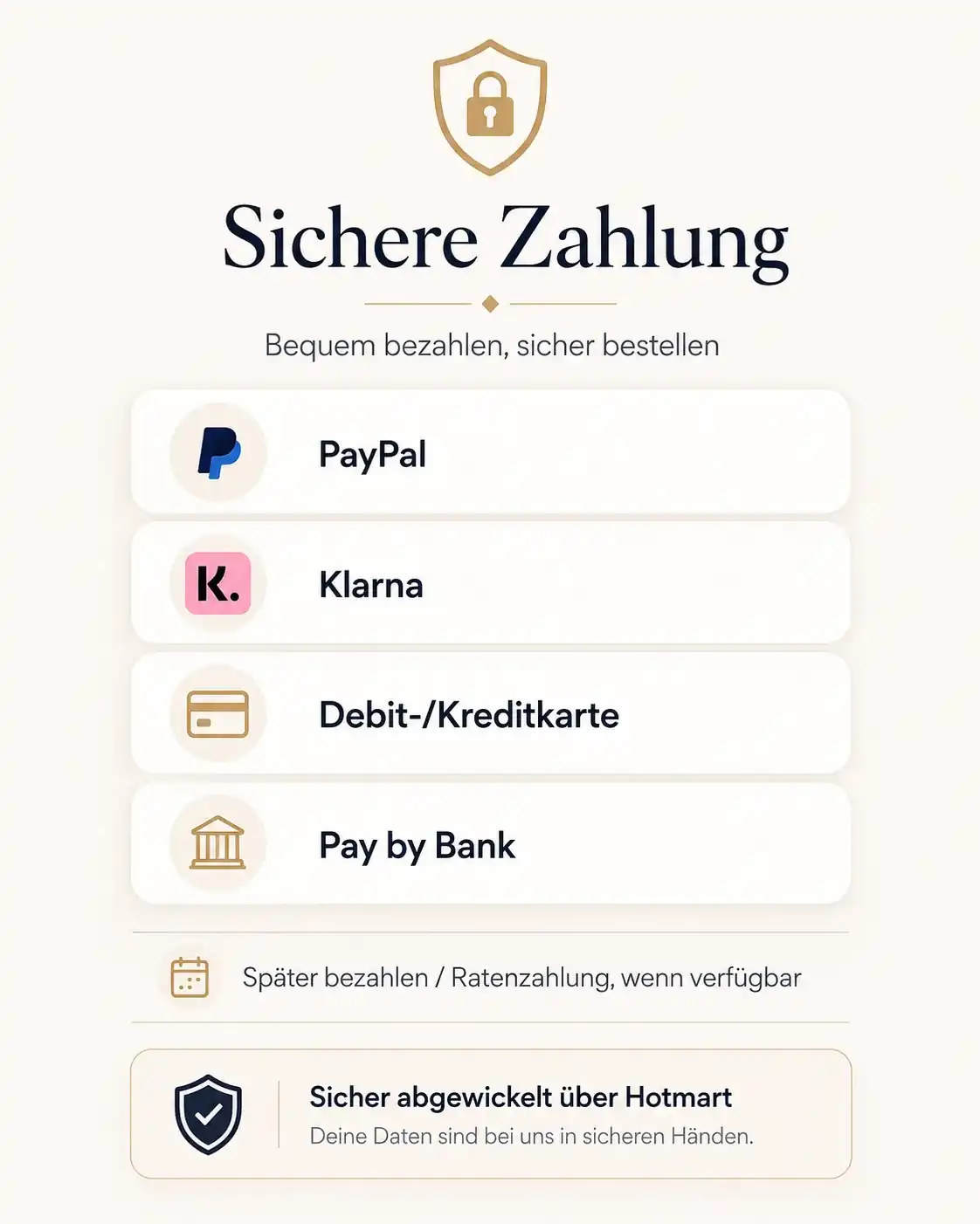 Zahlungsmethoden — PayPal, Klarna, Kreditkarte, Pay by Bank