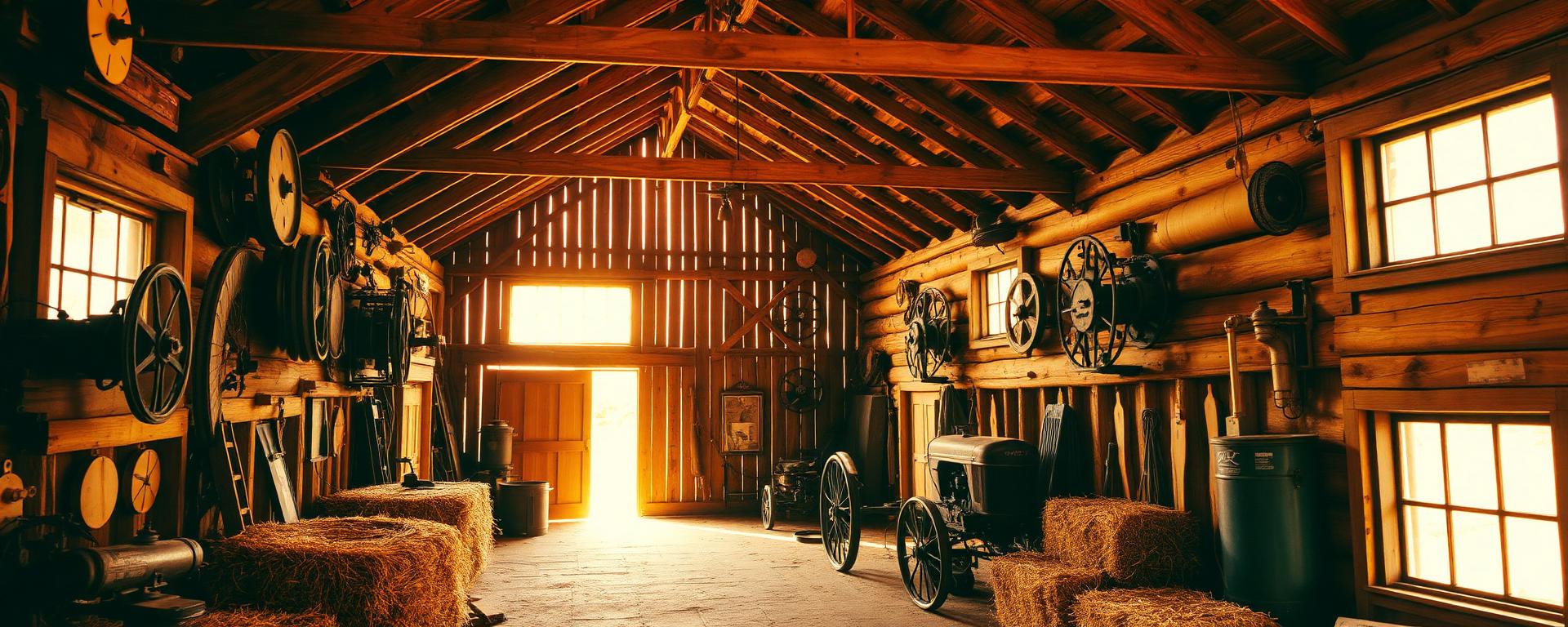 Interior of a rustic barn with vintage farm equipment and warm sunlight