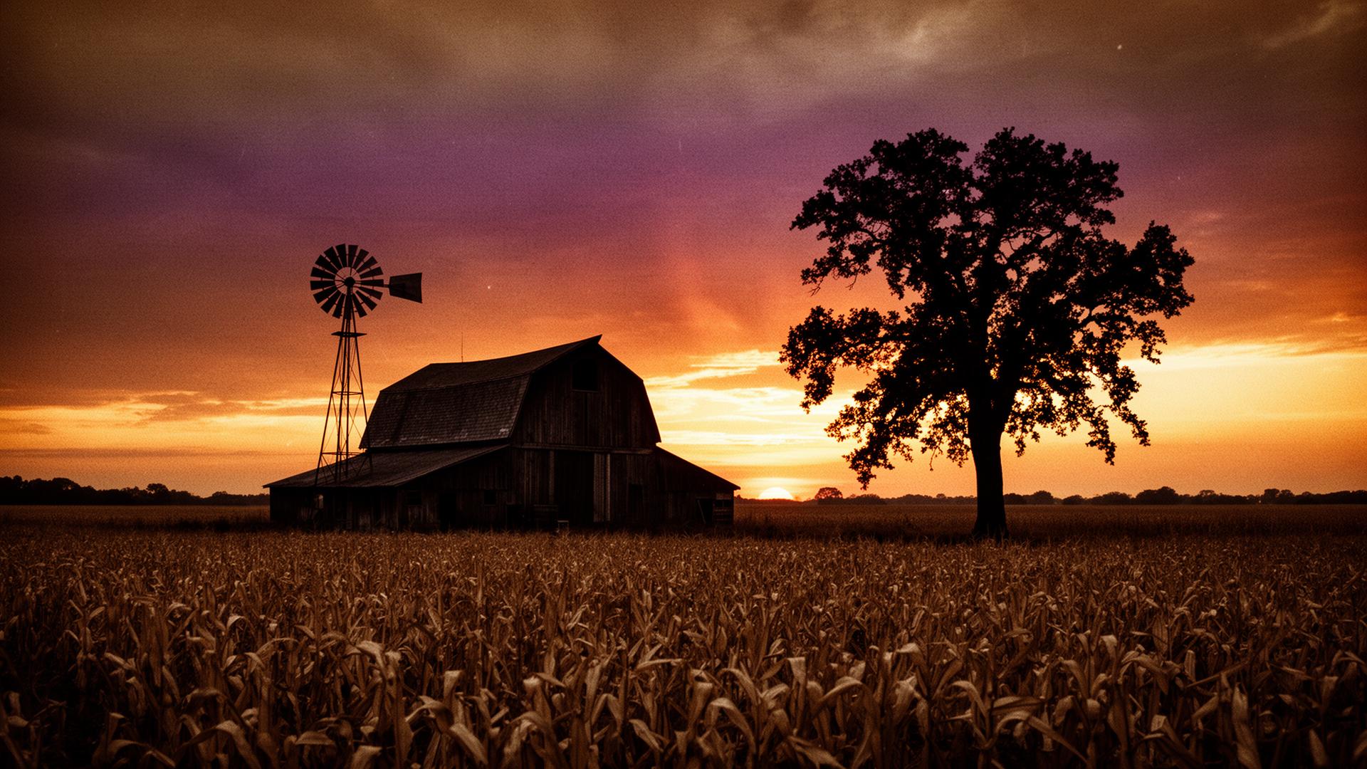 Sunset over American farmland with silhouetted barn