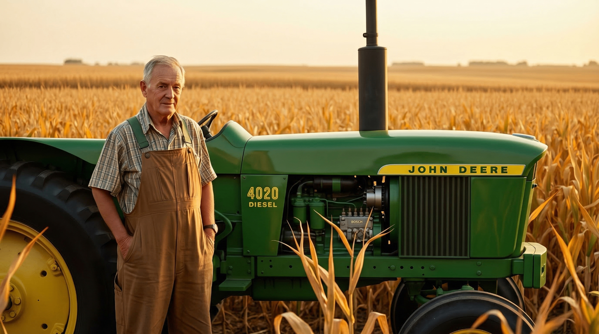 Farmer standing next to a classic John Deere tractor in a harvested cornfield