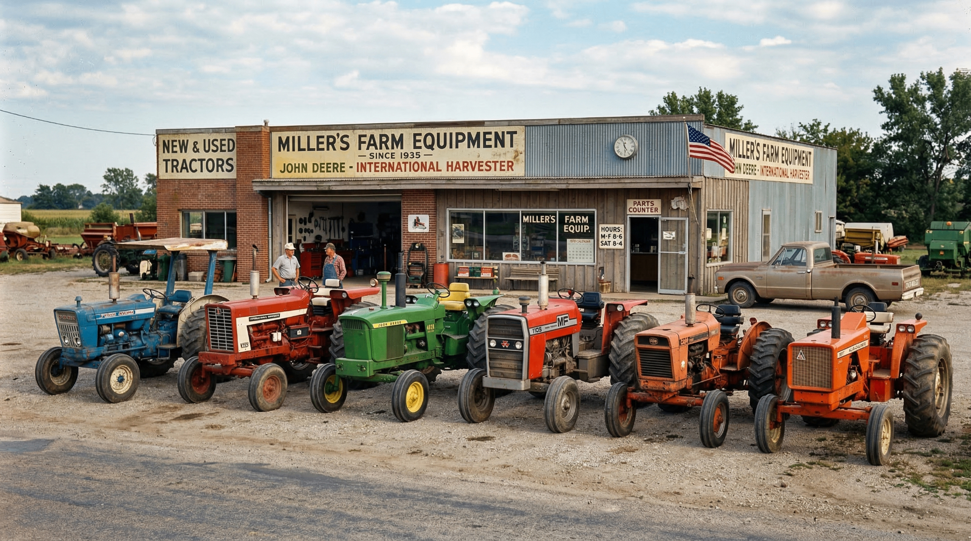 Classic farm tractors lined up at a vintage equipment dealership