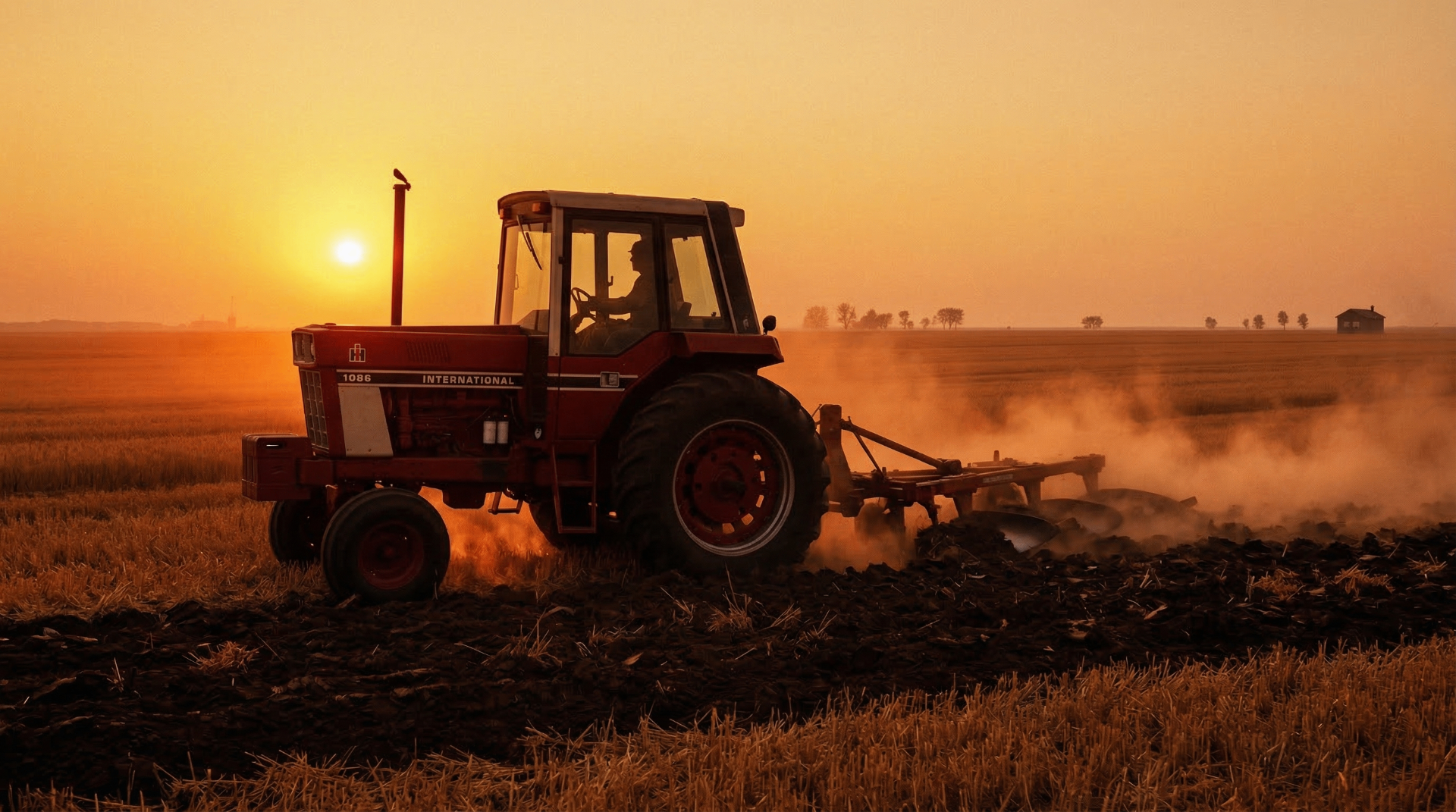 Vintage International Harvester tractor plowing a golden wheat field at sunset