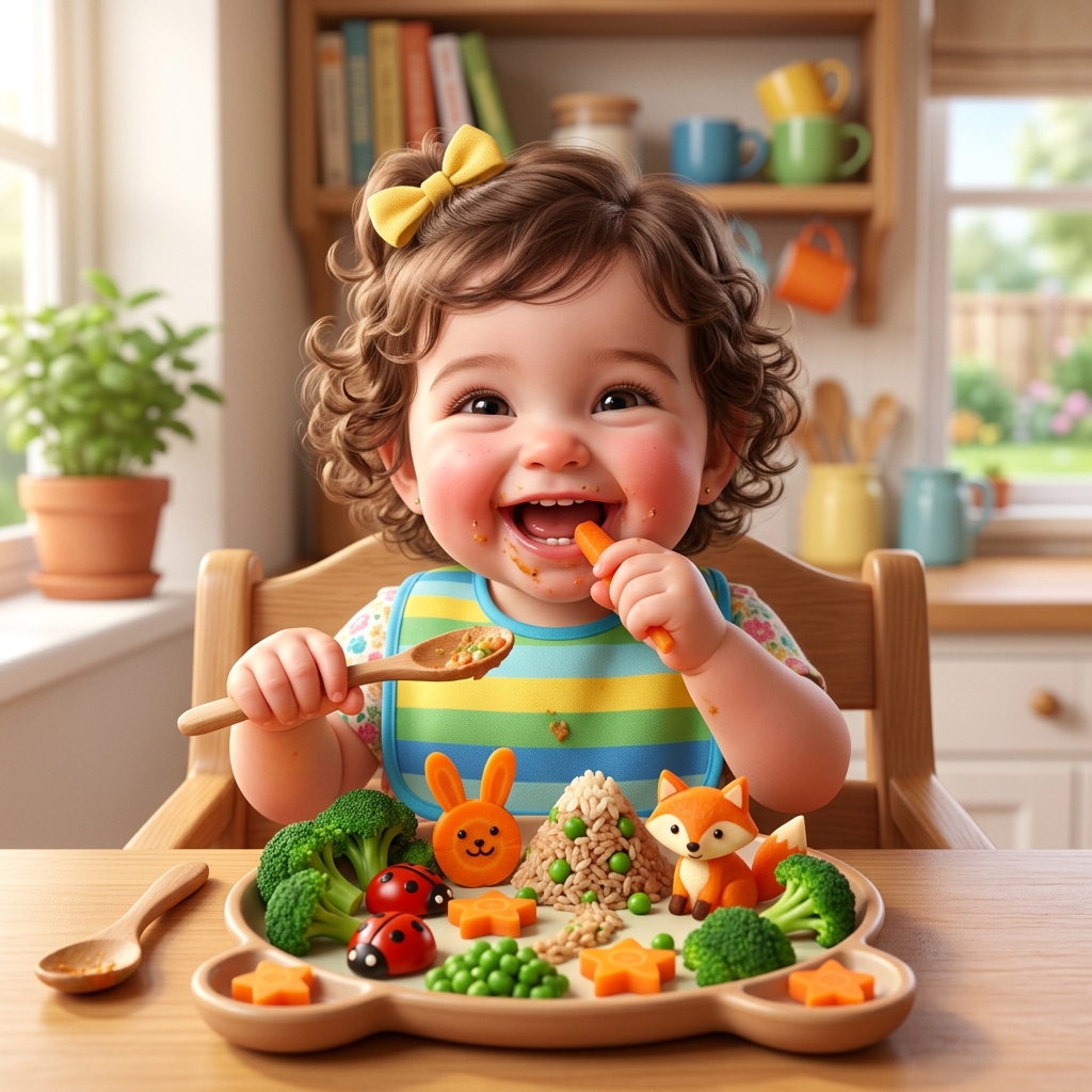 Criança feliz e autônoma descobrindo novos sabores e cores à mesa, livre da seletividade alimentar através do Método Conexão no Prato.