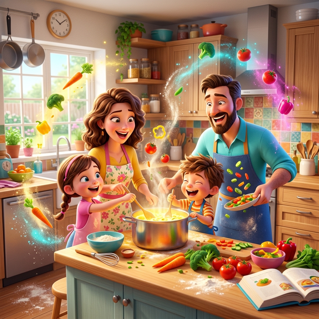 Mãe e filho vivendo um momento de conexão mágica na cozinha, transformando o preparo de alimentos em pura diversão e aprendizado com o guia MiniChef Criativo.