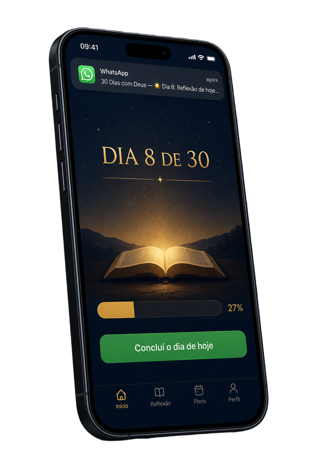 Celular mostrando o devocional 30 Dias com Deus chegando no WhatsApp