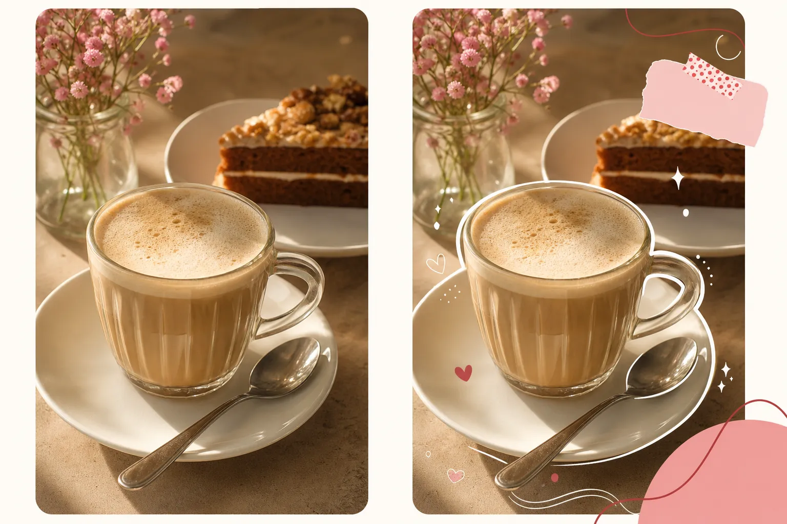 Comparação antes e depois de uma foto de café transformada em story criativo